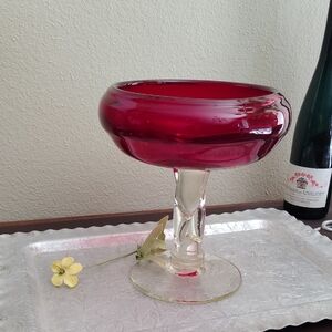 Vintage Red And Clear Twisted Stem Glass Compote